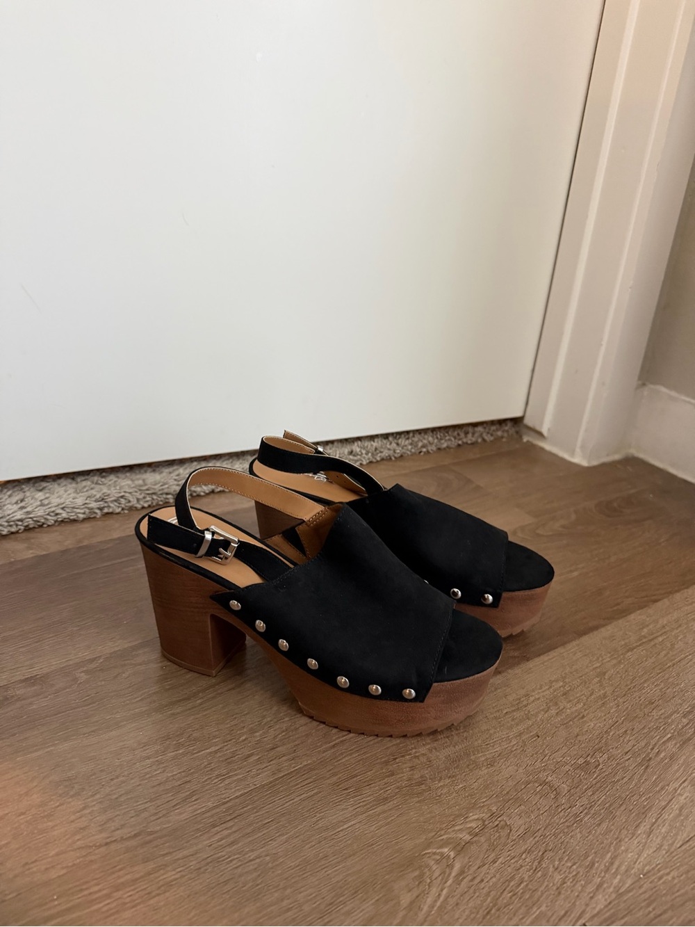 Wonderly Black Suede Platform Slingback with Wood Block Heel